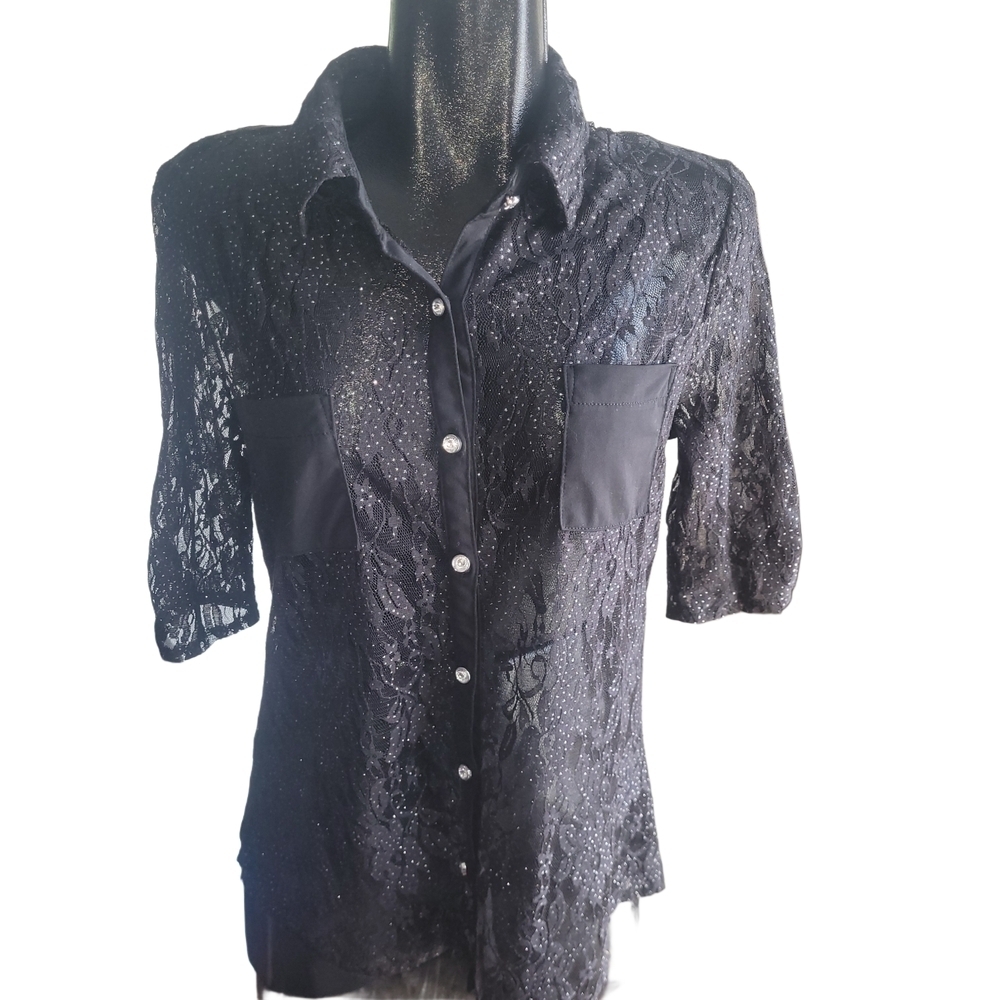 Champagne Black Lace Cropped Sleeve Button-Up Top Size M